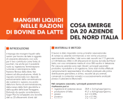 Infographic header: orange panel with 'Mangimi liquidi nelle razioni di bovine da latte' and white panel 'Cosa emerge da 20 aziende del Nord Italia'.